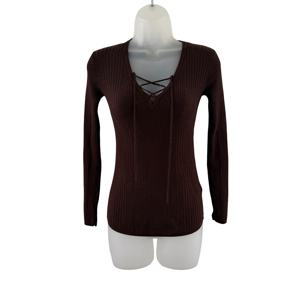 Jason Wu Sweater Womens XS Brown Lace Up V Neck Ribbed Knit Slim Pullover Y2K‎